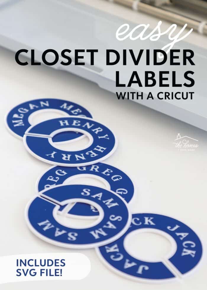 White plastic closet dividers with blue vinyl labels cut from Cricut vinyl