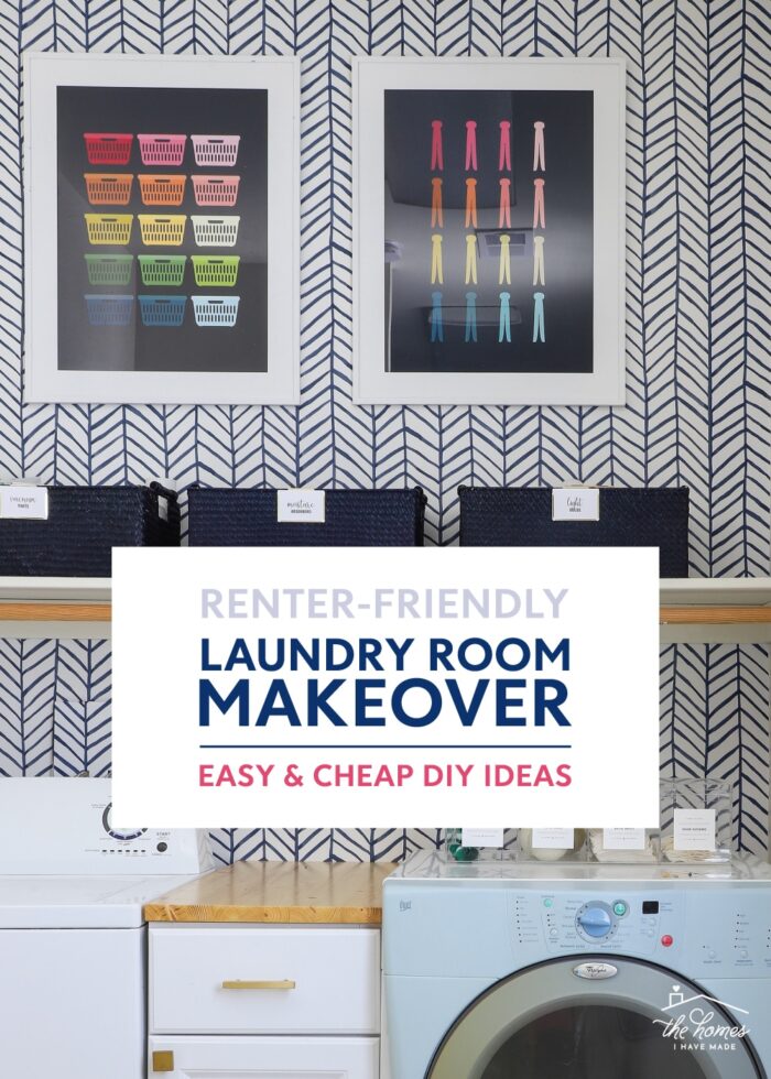 Laundry room with blue and white wallpaper and colorful art prints