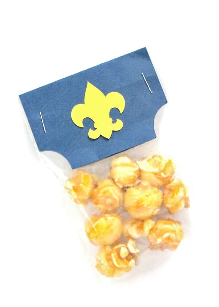 Sample of Cub Scout popcorn in a small plastic bag
