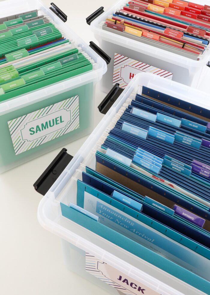 Color-coded school memory boxes in blue, green, and red