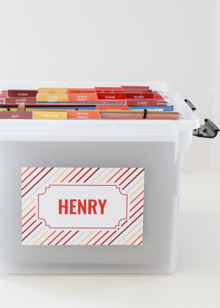 School memory box for Henry with red and orange file tabs