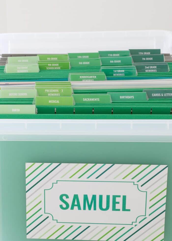 School memory box with green file folders and grade-by-grade tabs