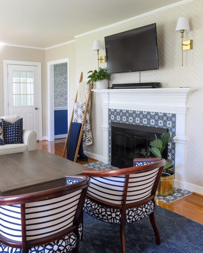 Blue, white, and beige rental family room
