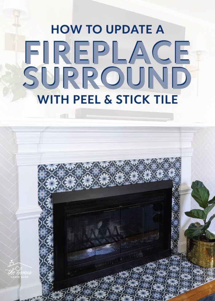 Rental fireplace brick surround and hearth covered in blue and white peel and stick floor tiles