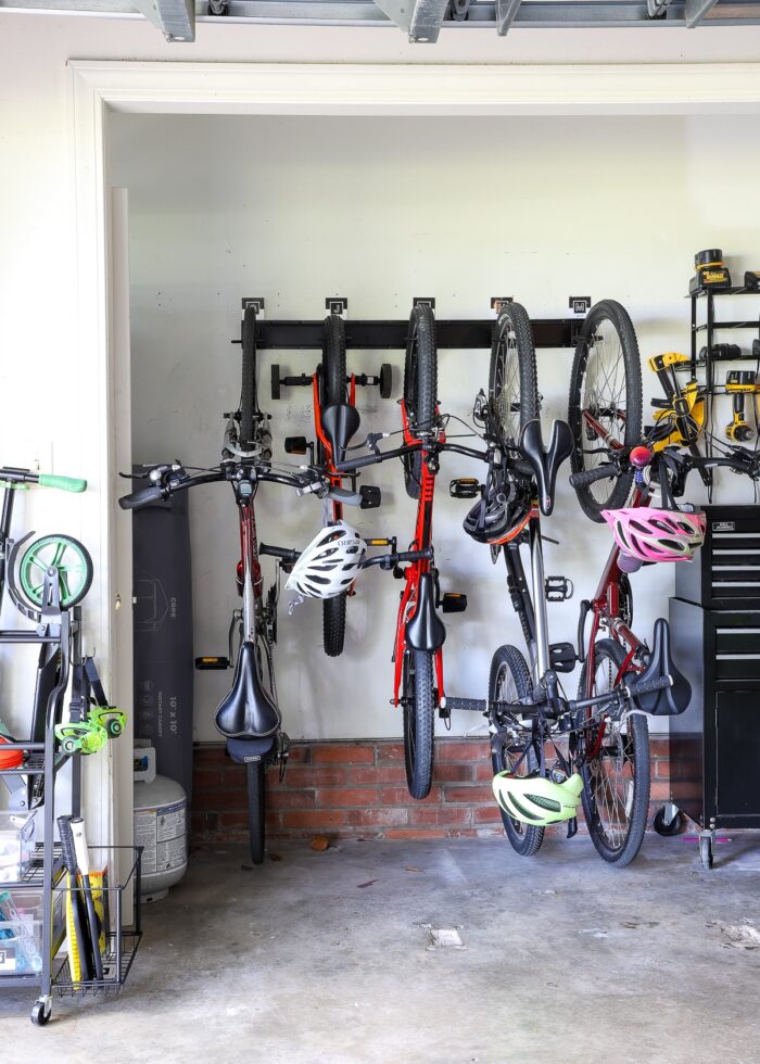 Garage alcove with bikes mounted to wall