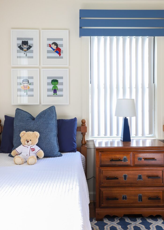 Blue and white child room with modern blue wood valance on the window