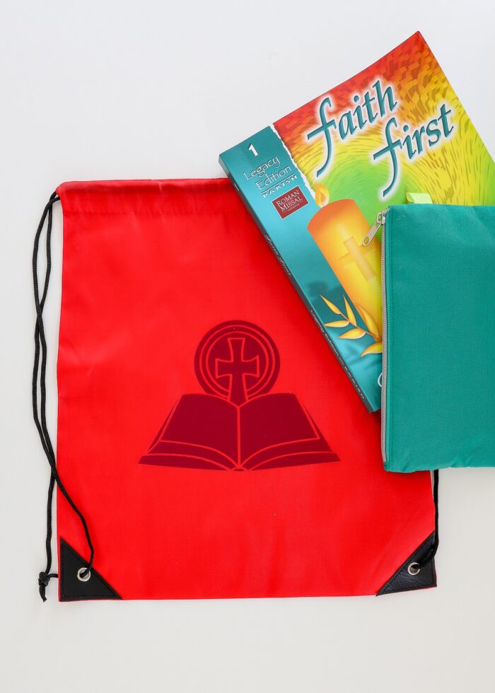 Red drawstring backpack with church icon for religious education supplies