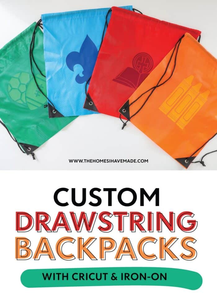Blue, red, green, and orange custom drawstring backpacks with activity icons ironed onto each one