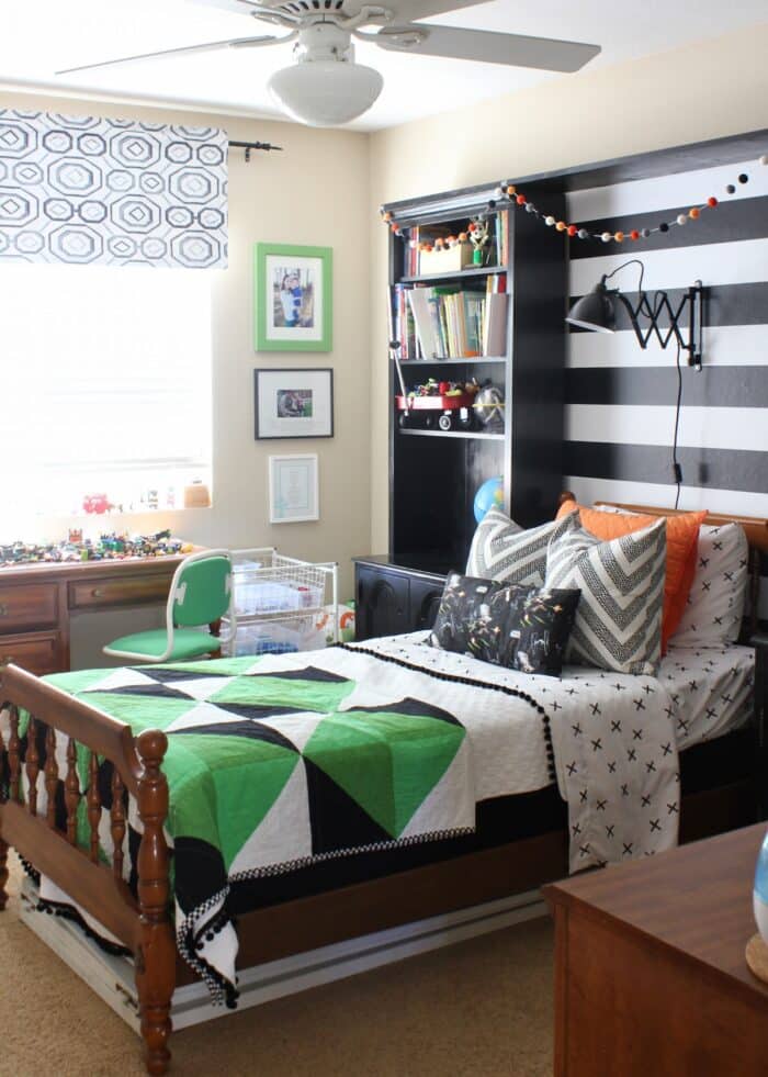 Fabric valance in black and white kid bedroom