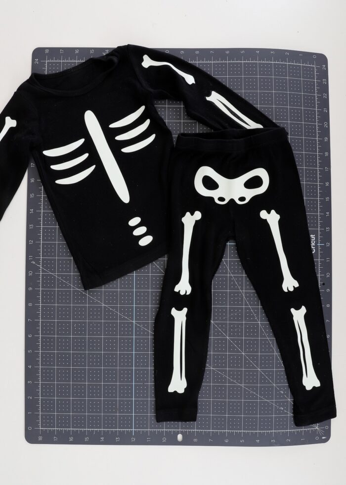 Easy DIY skeleton costume made from iron-on vinyl and a black sweatsuit