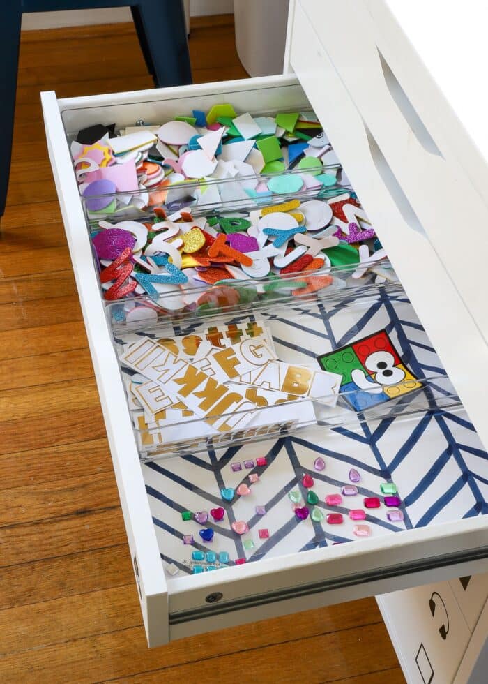 Foam stickers inside a kids art station drawer
