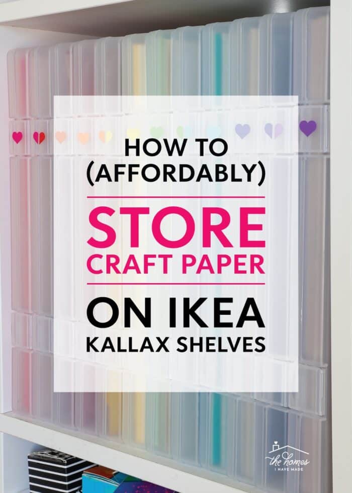 Craft paper storage boxes on a white IKEA Kallax shelf