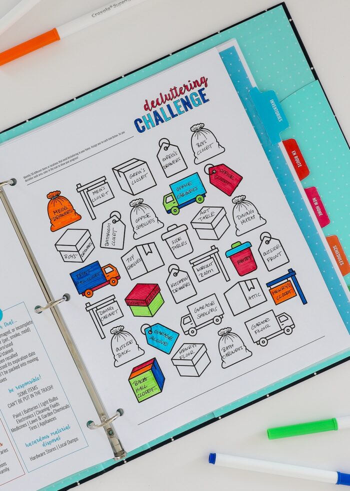 Moving binder with printable decluttering coloring page on display