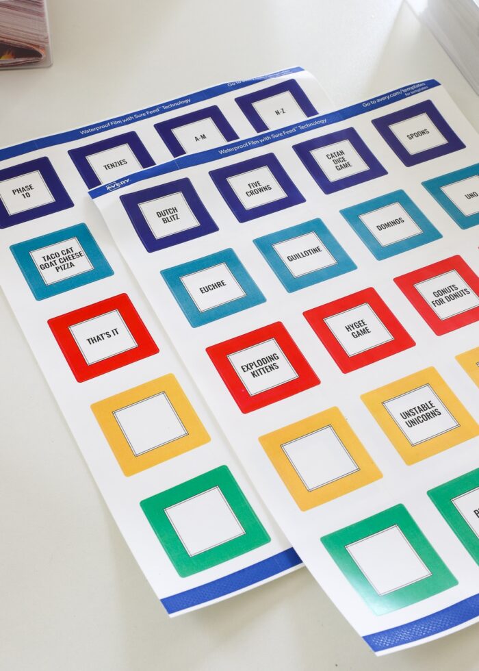 Colored square labels for playing card storage boxes