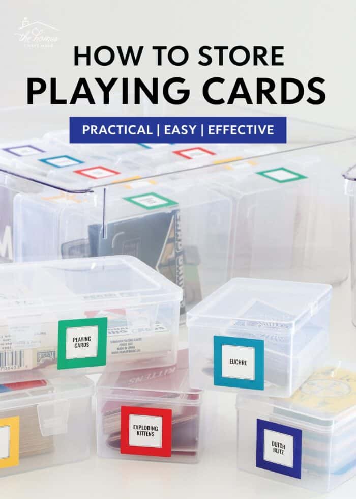 Clear playing card storage boxes with brightly colored labels