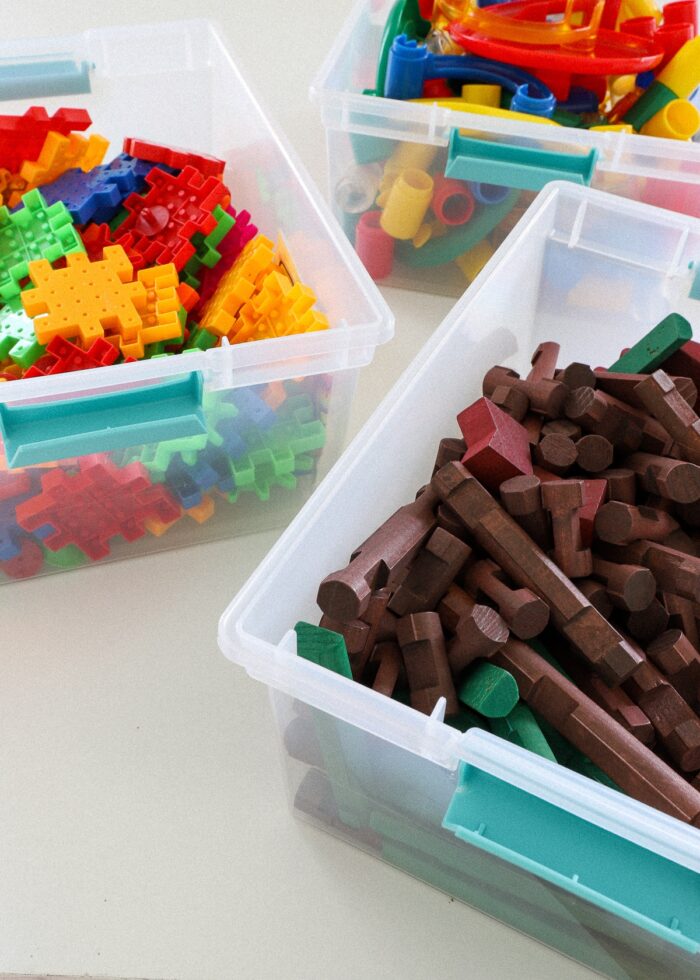 STEM games loaded into Sterilite plastic tubs