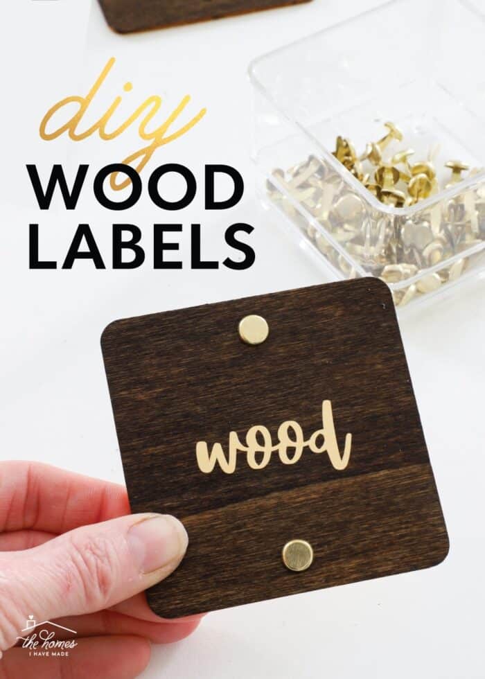 Wood label with gold foil text in vinyl