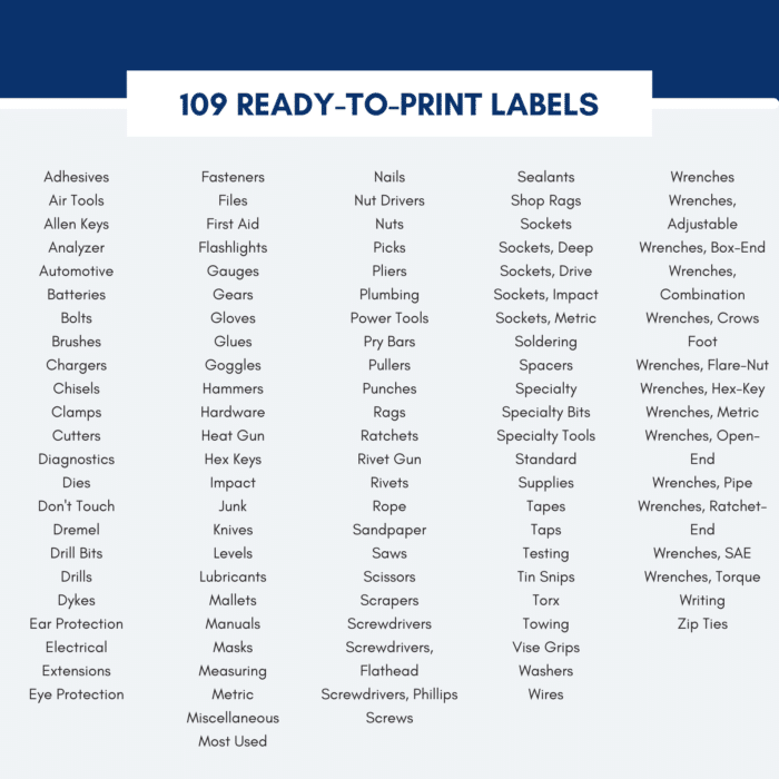 List of 109 ready-to-print toolbox labels