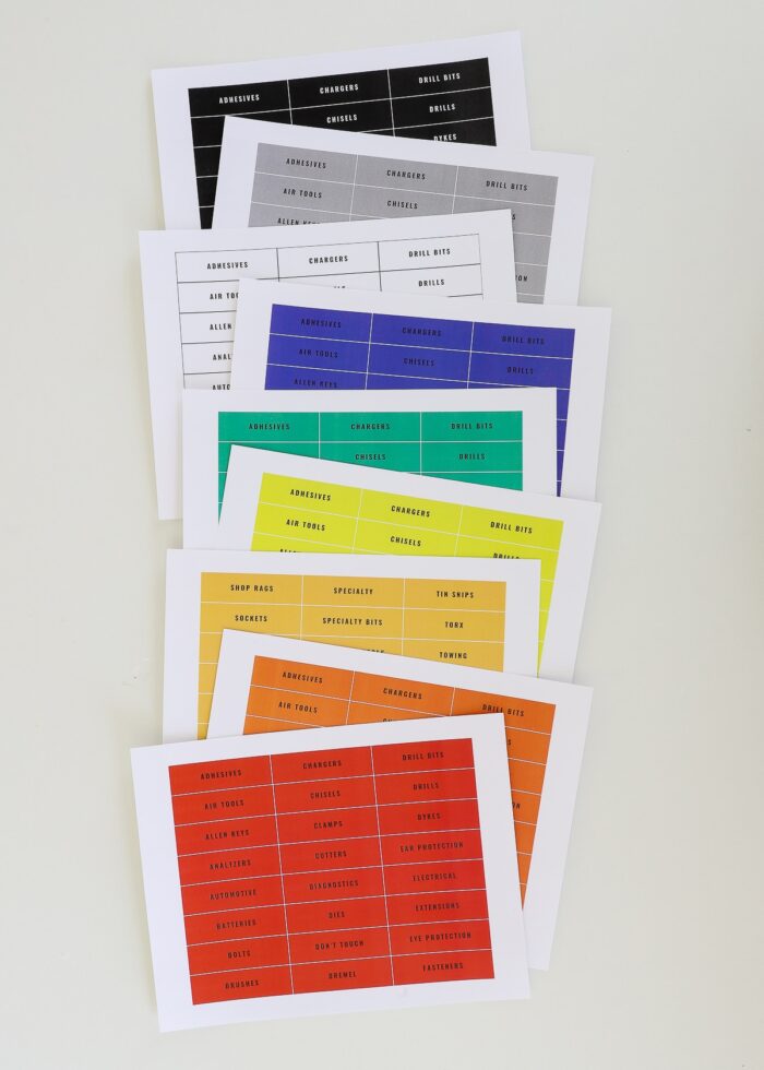 9 different colors of printed magnetic toolbox labels