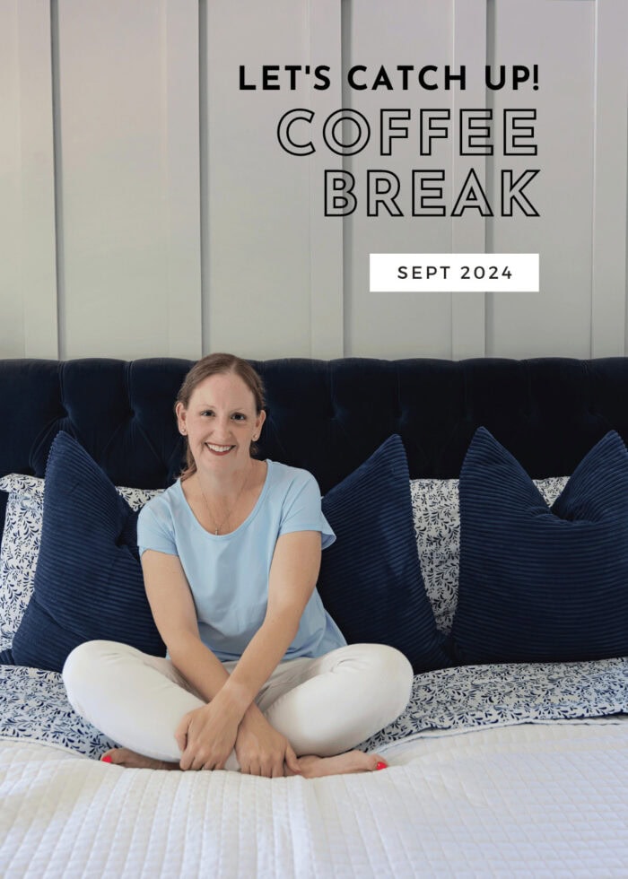 Megan from The Homes I Have Made sitting on a white and blue bed with text overlap