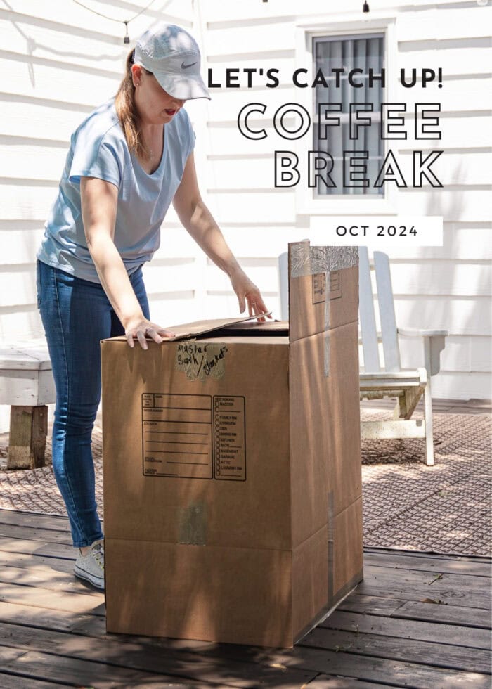 Megan in a light blue shirt packing a moving box