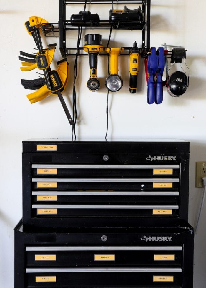 Husky toolbox with power tool storage organizer hung on the wall