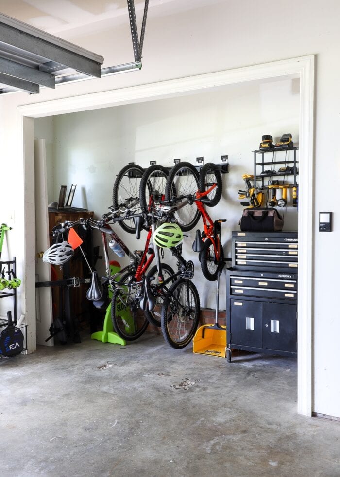 Garage nook holding bikes and a toolbox