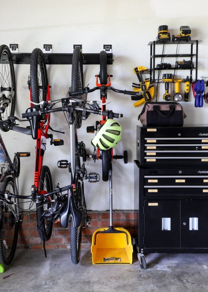 Garage nook holding bikes and a toolbox