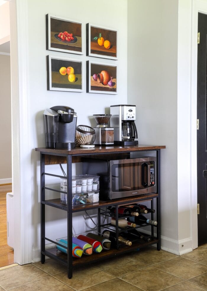 A coffee station setup in a corner nook of a rental kitchen