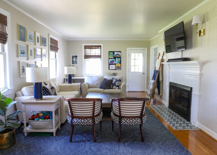 Blue and white family room