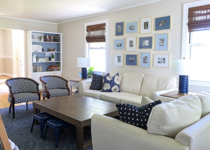 Blue and white family room