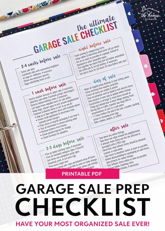 A printable Garage Sale Checklist inside a blue and white clipboard on a white desk