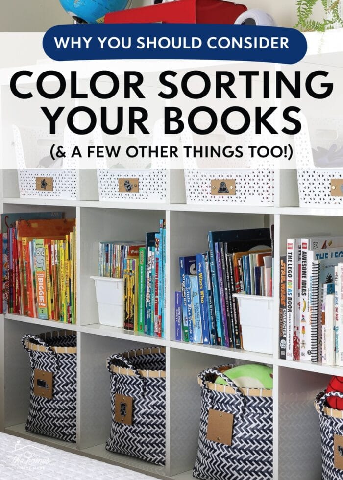 IKEA Kallax shelf holding books organized by color and accessorized with baskets