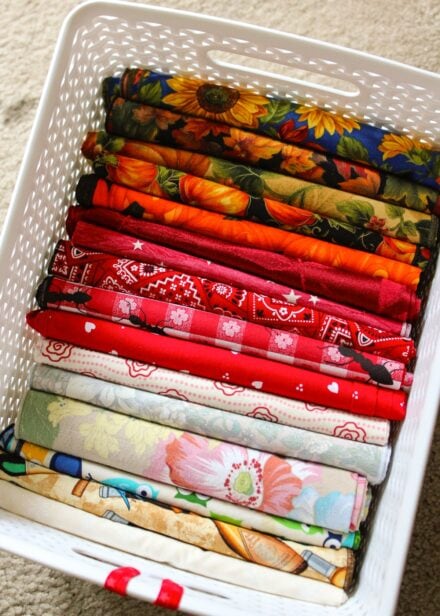 Cloth napkins folded and stored in a basket