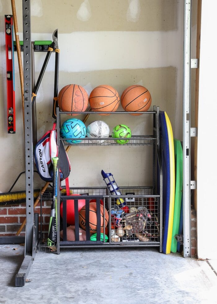 Sports storage rack in a garage