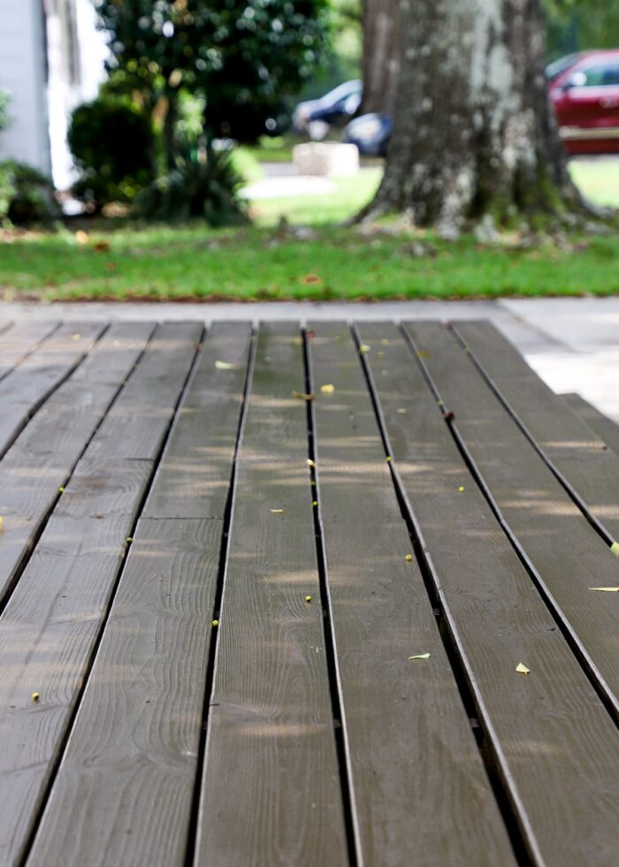 Wood deck planks stained dark brown
