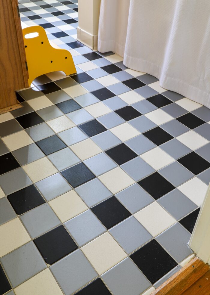 Black, white, and grey checkered tile bathroom floor