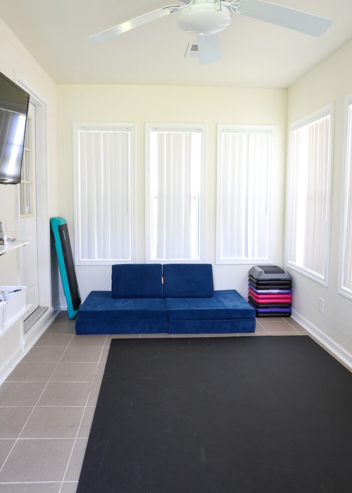Blue Nugget shown alongside exercise equipment in a fitness room