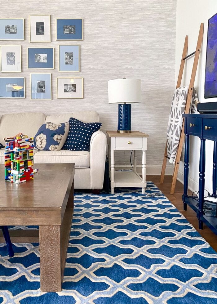 Blue and white family room in the base housing at The Meadows of Carlisle Barracks