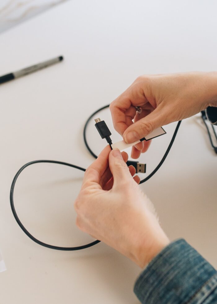Megan placing a cord label onto the end of a cord