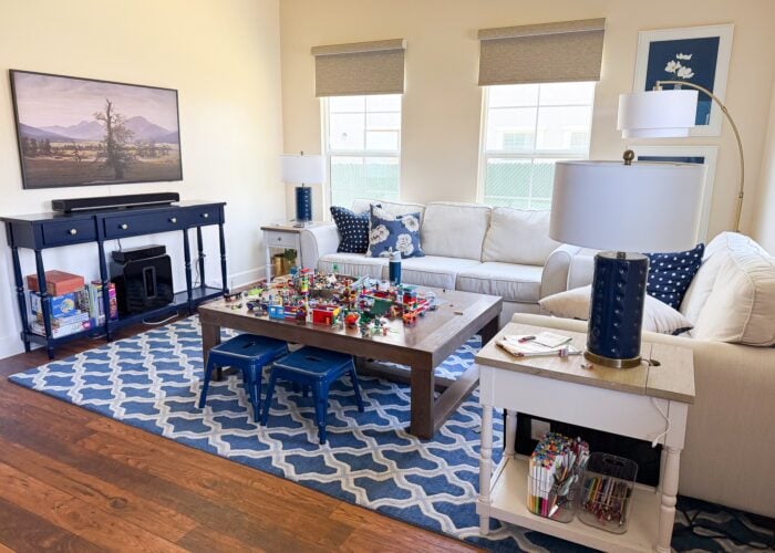 A family room with a blue and white trellis rug on the floor underneath a coffee table covered in LEGO.