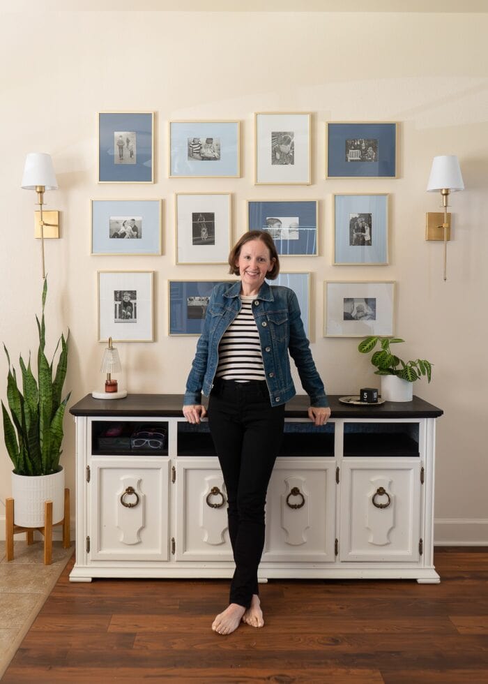 Megan from The Homes I Have Made standing in a foyer