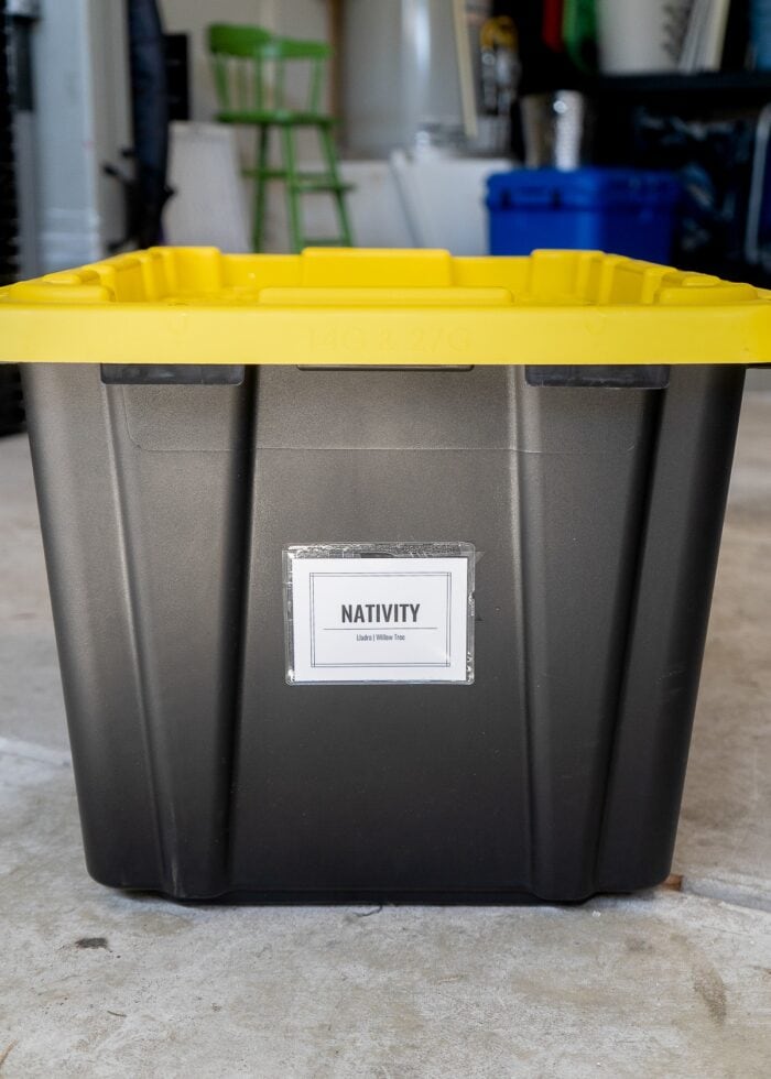 A large HDX storage tub labeled Nativity