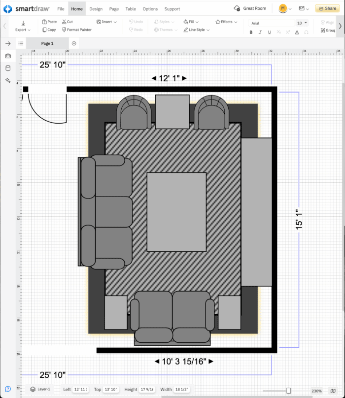 Sample family room layout created with SmartDraw tool