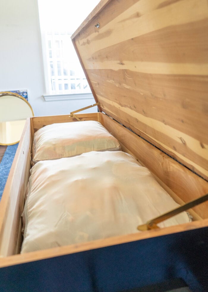 A cedar chest with lid open revealing two large compression bags